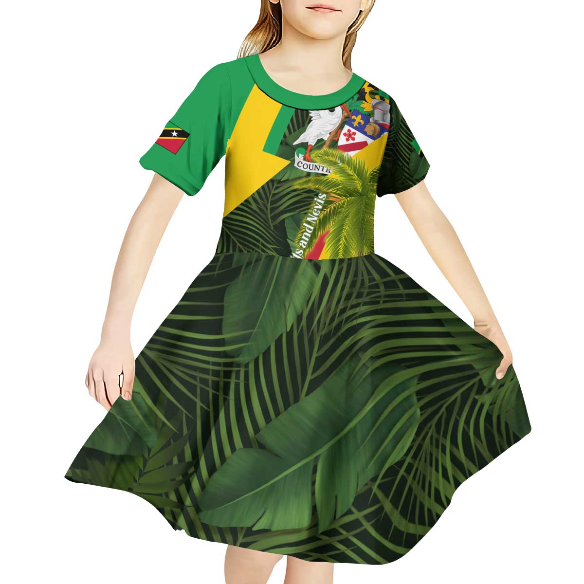 Saint Kitts and Nevis Apparel Kid Short Sleeve Dress with Coat of Arms, Palm Trees, and Hammock Graphic in Tropical Green and Flag-Inspired Design - Wonder Print Shop