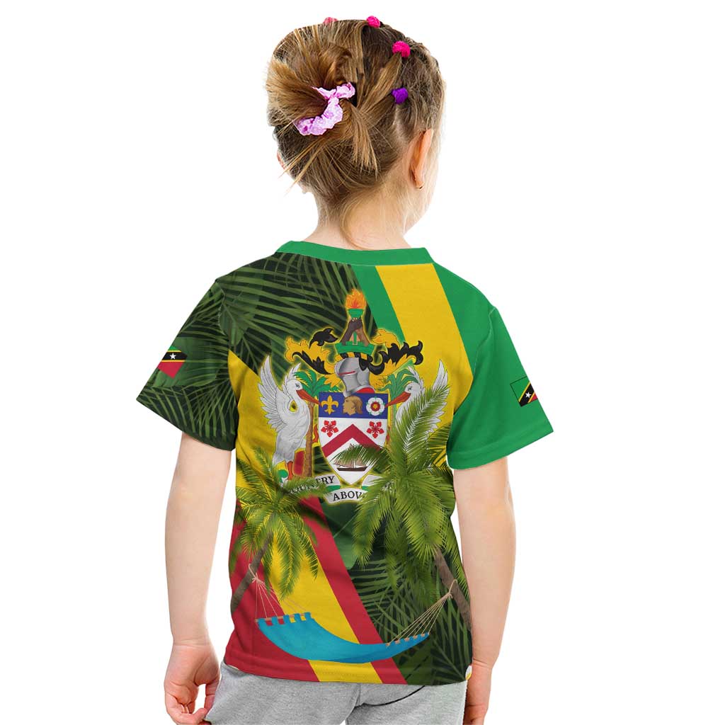 Saint Kitts and Nevis Apparel Kid T Shirt with Coat of Arms, Palm Trees, and Hammock Graphic in Tropical Green and Flag-Inspired Design - Wonder Print Shop