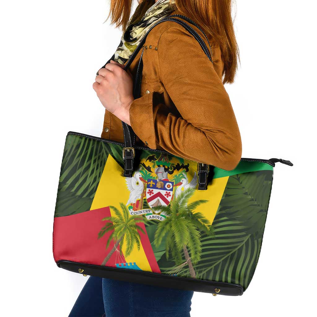 Saint Kitts and Nevis Apparel Leather Tote Bag with Coat of Arms, Palm Trees, and Hammock Graphic in Tropical Green and Flag-Inspired Design - Wonder Print Shop