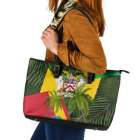 Saint Kitts and Nevis Apparel Leather Tote Bag with Coat of Arms, Palm Trees, and Hammock Graphic in Tropical Green and Flag-Inspired Design - Wonder Print Shop