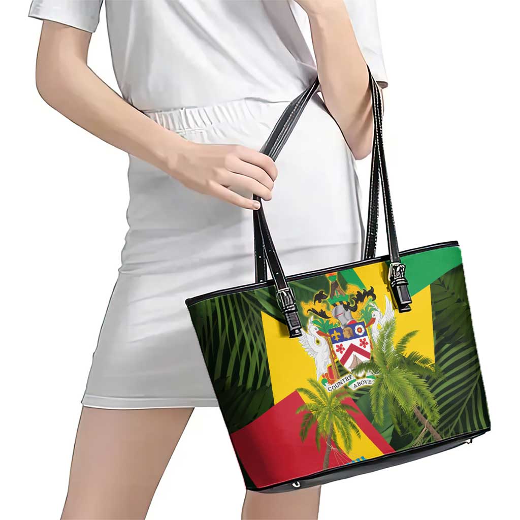 Saint Kitts and Nevis Apparel Leather Tote Bag with Coat of Arms, Palm Trees, and Hammock Graphic in Tropical Green and Flag-Inspired Design - Wonder Print Shop