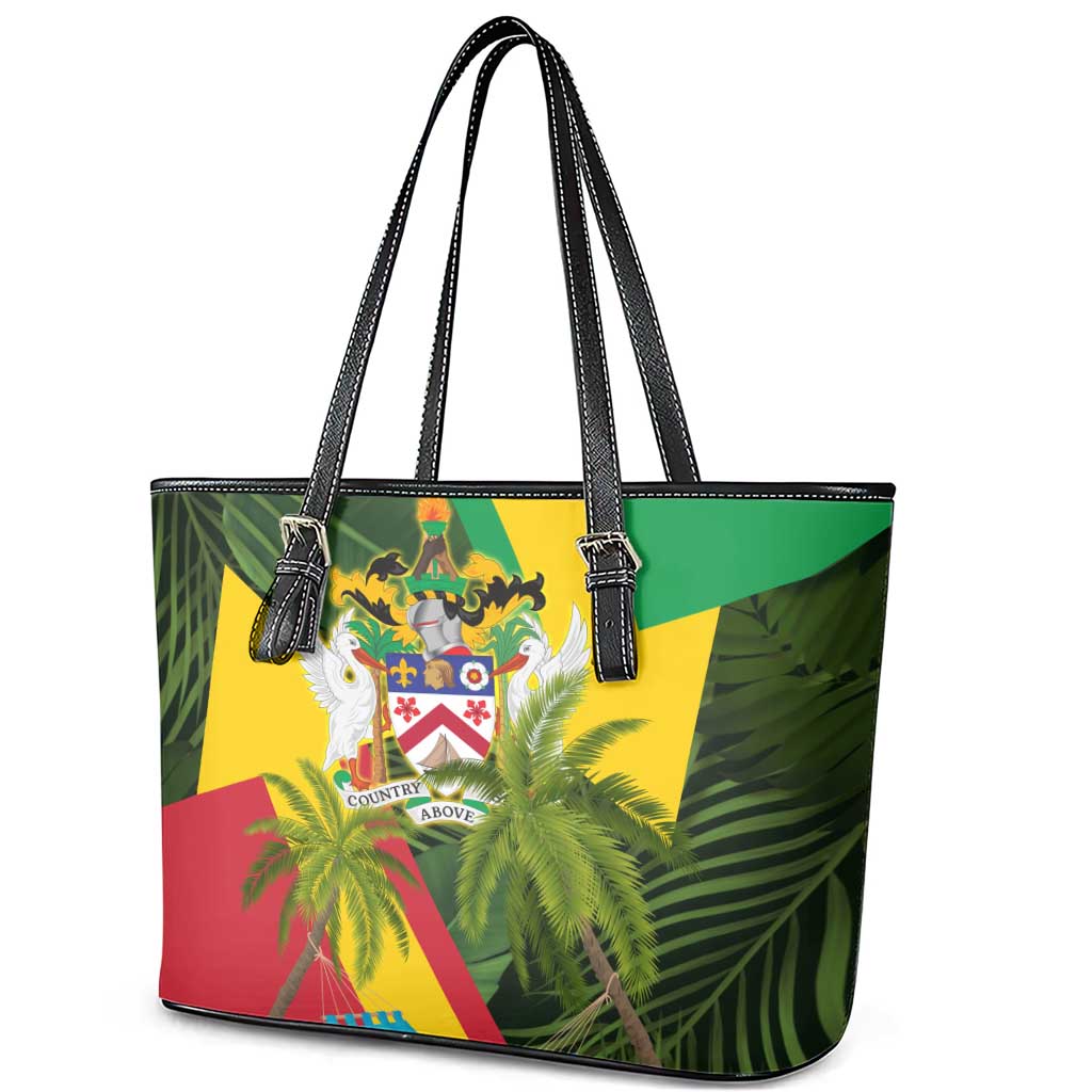 Saint Kitts and Nevis Apparel Leather Tote Bag with Coat of Arms, Palm Trees, and Hammock Graphic in Tropical Green and Flag-Inspired Design - Wonder Print Shop