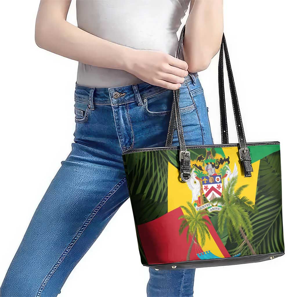 Saint Kitts and Nevis Apparel Leather Tote Bag with Coat of Arms, Palm Trees, and Hammock Graphic in Tropical Green and Flag-Inspired Design - Wonder Print Shop