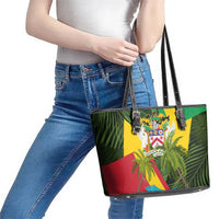 Saint Kitts and Nevis Apparel Leather Tote Bag with Coat of Arms, Palm Trees, and Hammock Graphic in Tropical Green and Flag-Inspired Design - Wonder Print Shop