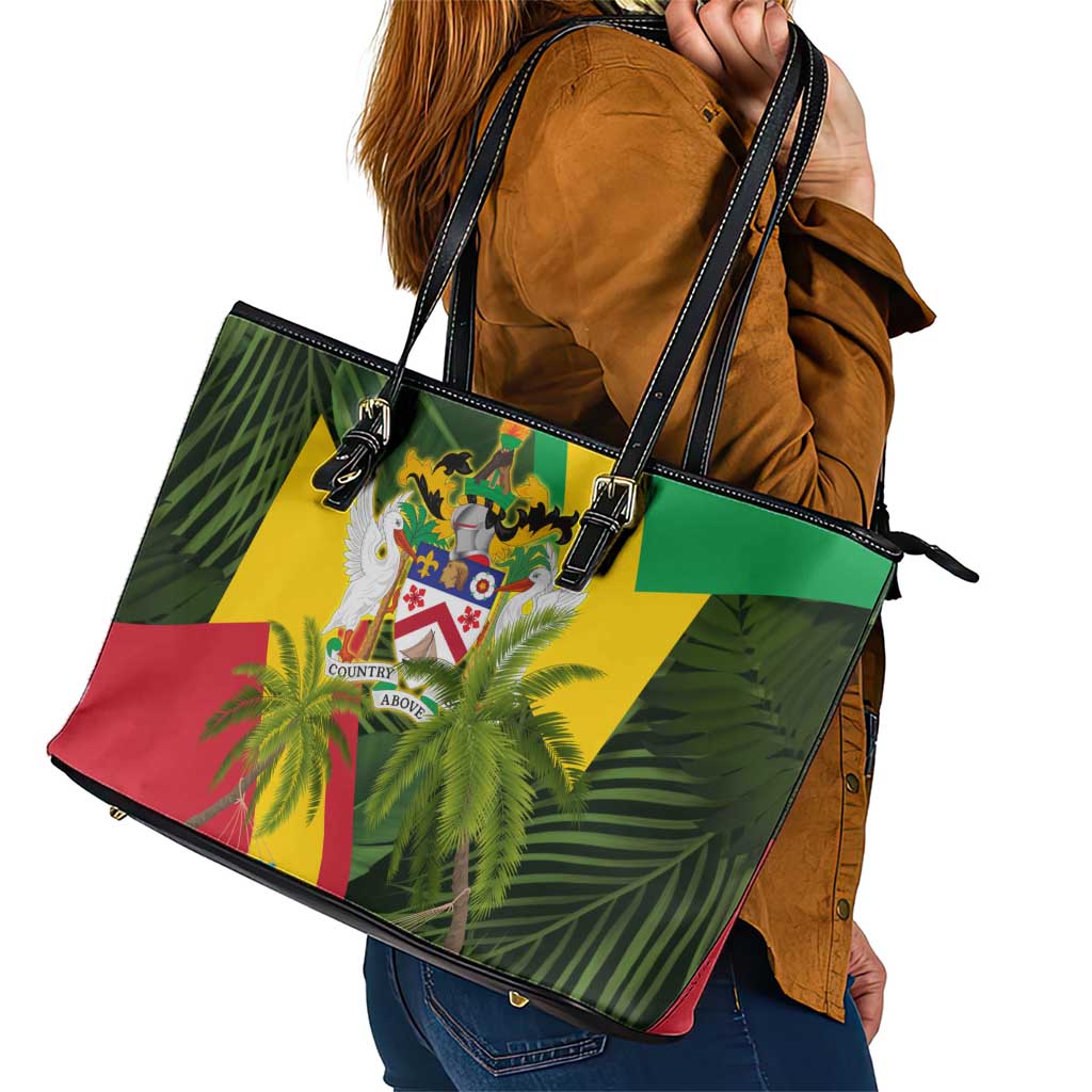 Saint Kitts and Nevis Apparel Leather Tote Bag with Coat of Arms, Palm Trees, and Hammock Graphic in Tropical Green and Flag-Inspired Design - Wonder Print Shop