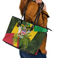 Saint Kitts and Nevis Apparel Leather Tote Bag with Coat of Arms, Palm Trees, and Hammock Graphic in Tropical Green and Flag-Inspired Design - Wonder Print Shop