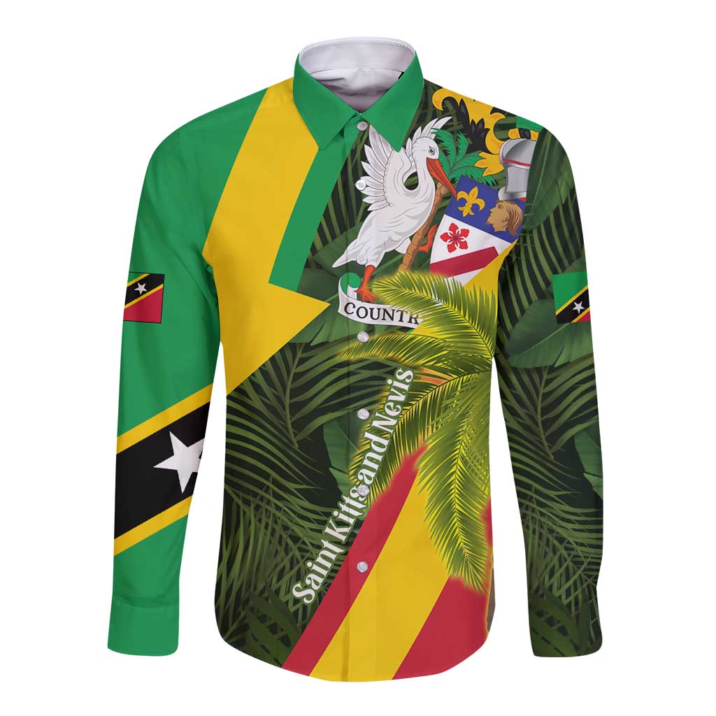 Saint Kitts and Nevis Apparel Long Sleeve Button Shirt with Coat of Arms, Palm Trees, and Hammock Graphic in Tropical Green and Flag-Inspired Design - Wonder Print Shop
