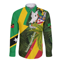 Saint Kitts and Nevis Apparel Long Sleeve Button Shirt with Coat of Arms, Palm Trees, and Hammock Graphic in Tropical Green and Flag-Inspired Design - Wonder Print Shop