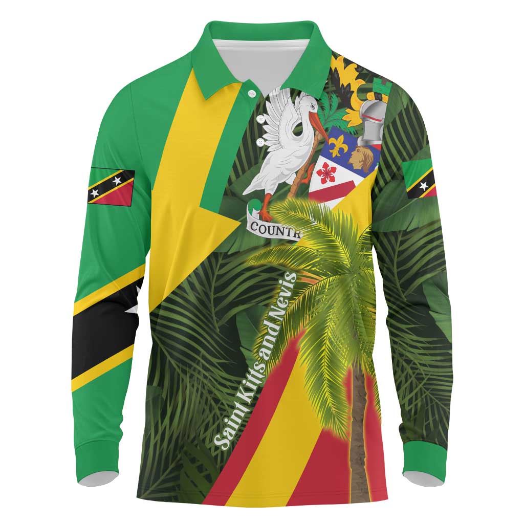 Saint Kitts and Nevis Apparel Long Sleeve Polo Shirt with Coat of Arms, Palm Trees, and Hammock Graphic in Tropical Green and Flag-Inspired Design - Wonder Print Shop