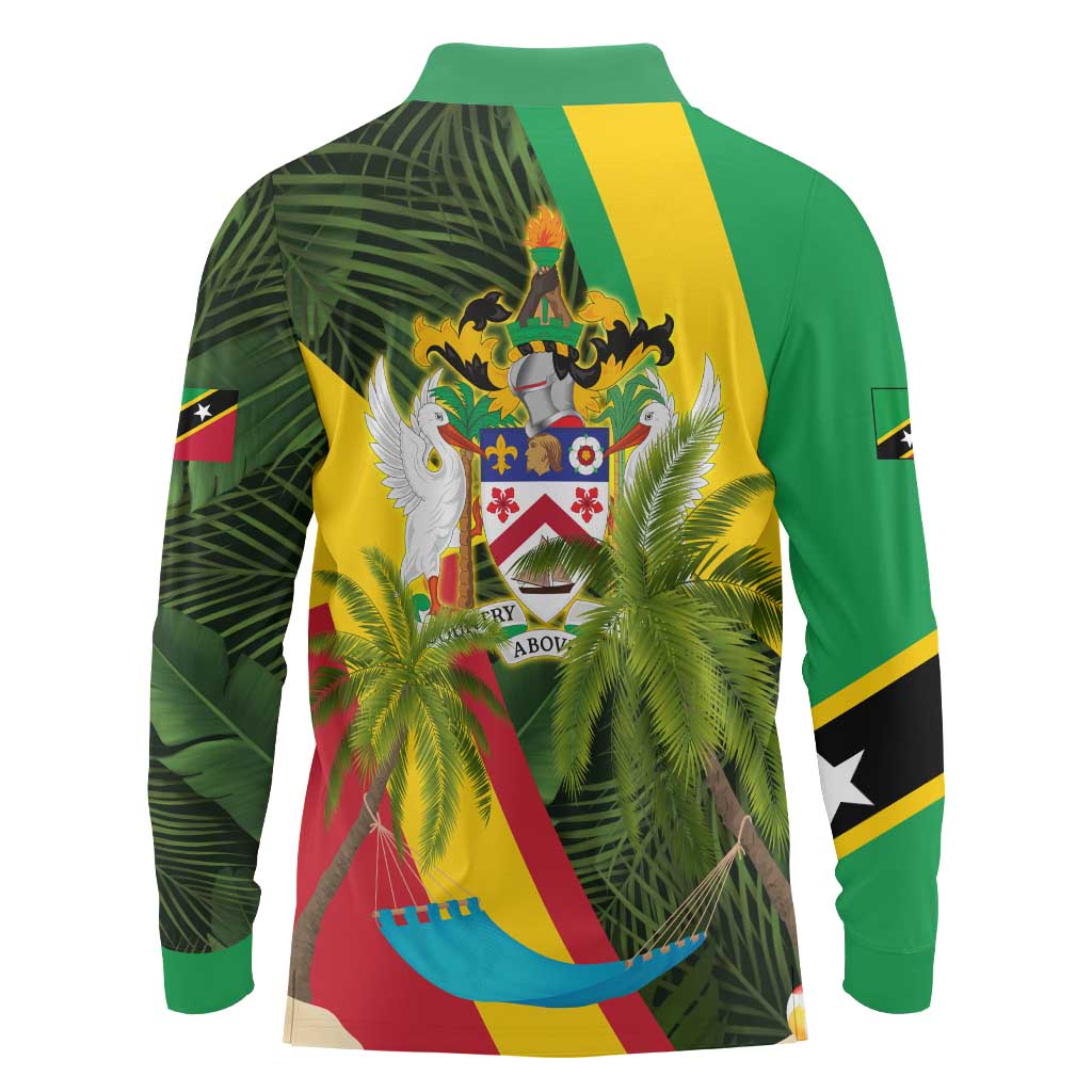 Saint Kitts and Nevis Apparel Long Sleeve Polo Shirt with Coat of Arms, Palm Trees, and Hammock Graphic in Tropical Green and Flag-Inspired Design - Wonder Print Shop
