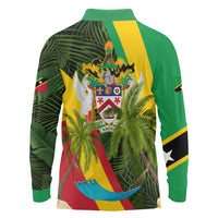 Saint Kitts and Nevis Apparel Long Sleeve Polo Shirt with Coat of Arms, Palm Trees, and Hammock Graphic in Tropical Green and Flag-Inspired Design - Wonder Print Shop