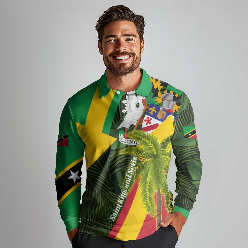 Saint Kitts and Nevis Apparel Long Sleeve Polo Shirt with Coat of Arms, Palm Trees, and Hammock Graphic in Tropical Green and Flag-Inspired Design - Wonder Print Shop