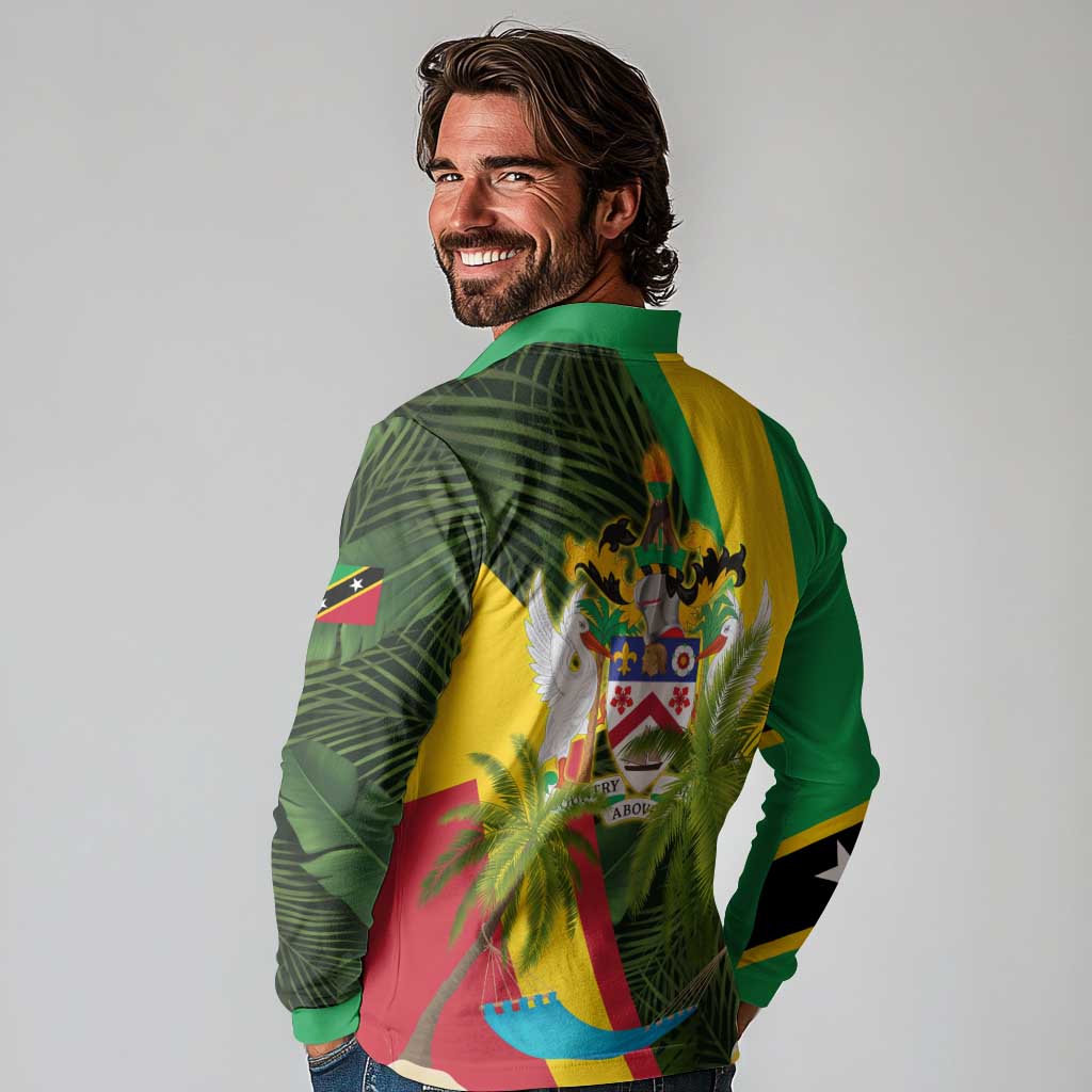 Saint Kitts and Nevis Apparel Long Sleeve Polo Shirt with Coat of Arms, Palm Trees, and Hammock Graphic in Tropical Green and Flag-Inspired Design - Wonder Print Shop