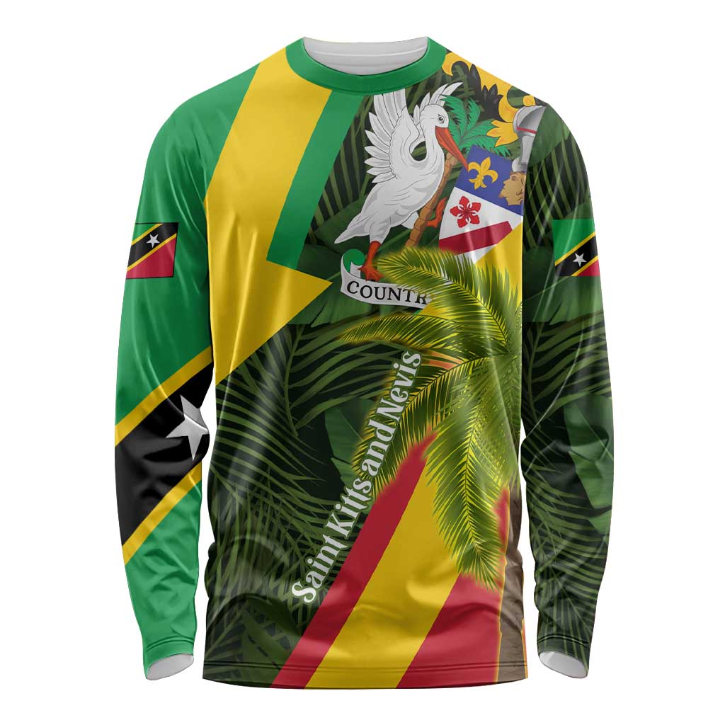 Saint Kitts and Nevis Apparel Long Sleeve Shirt with Coat of Arms, Palm Trees, and Hammock Graphic in Tropical Green and Flag-Inspired Design - Wonder Print Shop