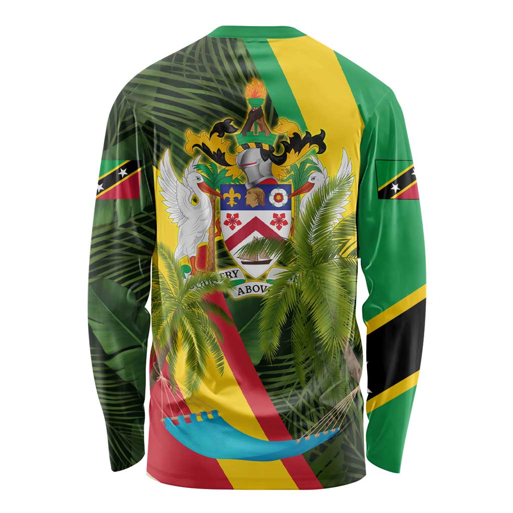 Saint Kitts and Nevis Apparel Long Sleeve Shirt with Coat of Arms, Palm Trees, and Hammock Graphic in Tropical Green and Flag-Inspired Design - Wonder Print Shop