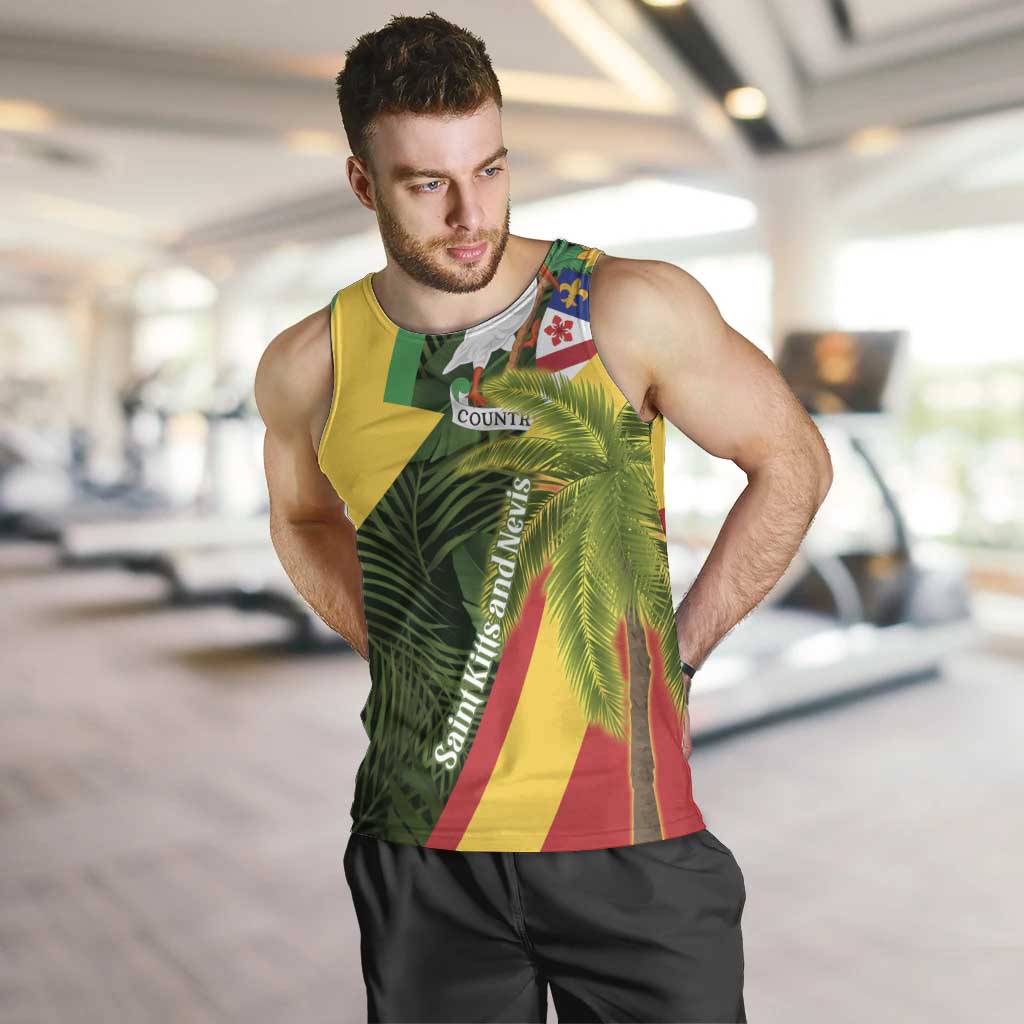 Saint Kitts and Nevis Apparel Men Tank Top with Coat of Arms, Palm Trees, and Hammock Graphic in Tropical Green and Flag-Inspired Design - Wonder Print Shop
