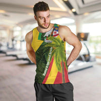 Saint Kitts and Nevis Apparel Men Tank Top with Coat of Arms, Palm Trees, and Hammock Graphic in Tropical Green and Flag-Inspired Design - Wonder Print Shop