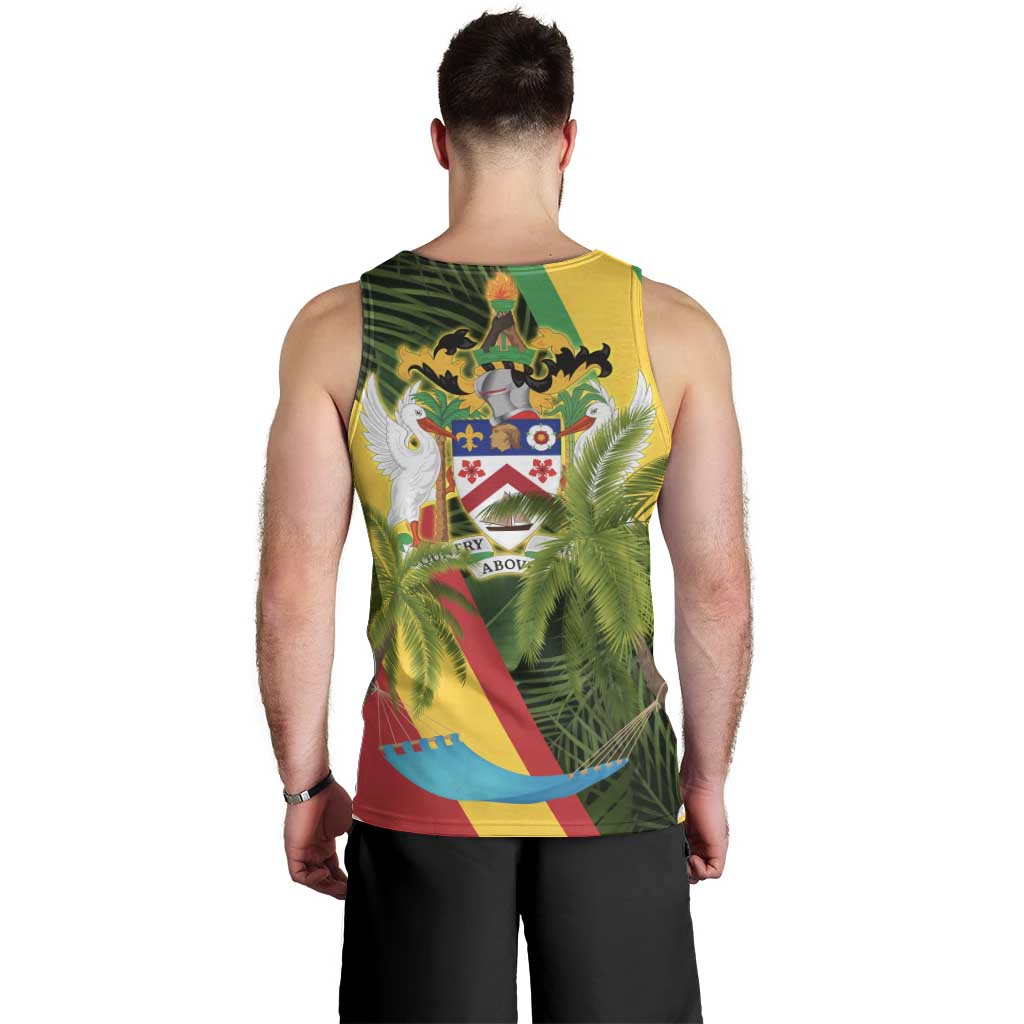 Saint Kitts and Nevis Apparel Men Tank Top with Coat of Arms, Palm Trees, and Hammock Graphic in Tropical Green and Flag-Inspired Design - Wonder Print Shop