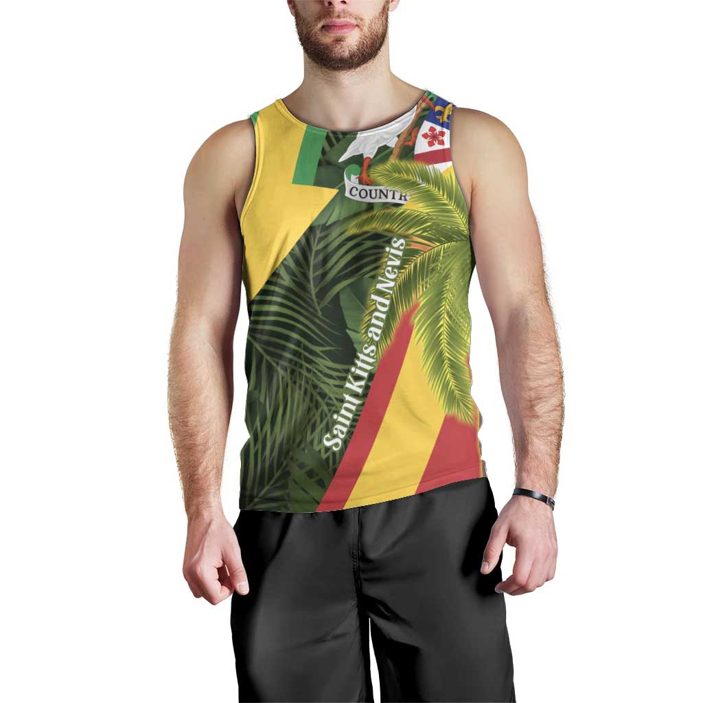 Saint Kitts and Nevis Apparel Men Tank Top with Coat of Arms, Palm Trees, and Hammock Graphic in Tropical Green and Flag-Inspired Design - Wonder Print Shop