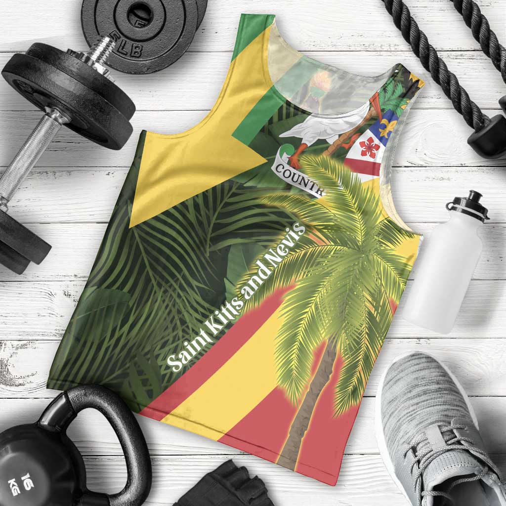 Saint Kitts and Nevis Apparel Men Tank Top with Coat of Arms, Palm Trees, and Hammock Graphic in Tropical Green and Flag-Inspired Design - Wonder Print Shop