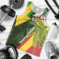 Saint Kitts and Nevis Apparel Men Tank Top with Coat of Arms, Palm Trees, and Hammock Graphic in Tropical Green and Flag-Inspired Design - Wonder Print Shop