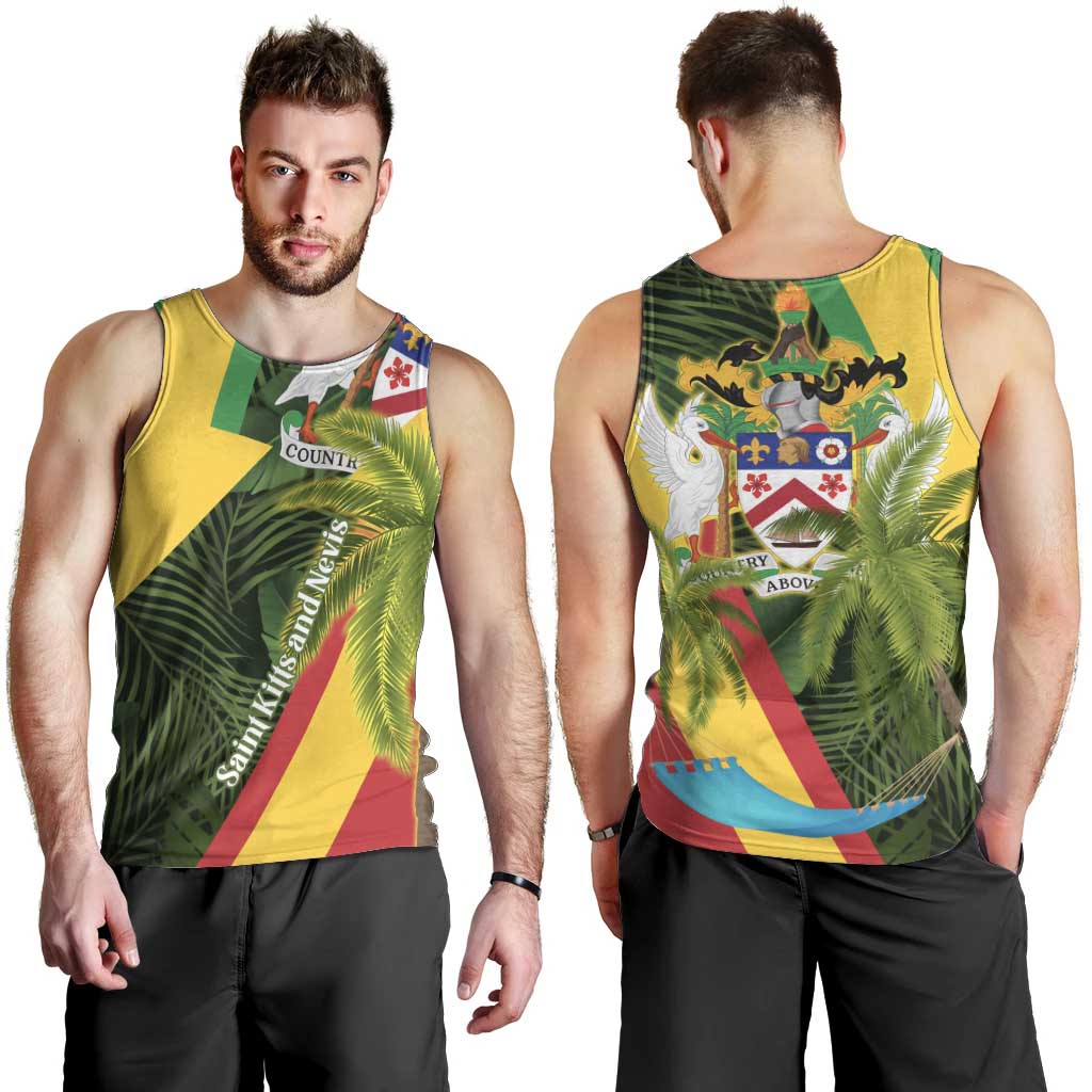 Saint Kitts and Nevis Apparel Men Tank Top with Coat of Arms, Palm Trees, and Hammock Graphic in Tropical Green and Flag-Inspired Design - Wonder Print Shop
