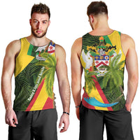 Saint Kitts and Nevis Apparel Men Tank Top with Coat of Arms, Palm Trees, and Hammock Graphic in Tropical Green and Flag-Inspired Design - Wonder Print Shop