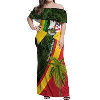 Saint Kitts and Nevis Apparel Off Shoulder Maxi Dress with Coat of Arms, Palm Trees, and Hammock Graphic in Tropical Green and Flag-Inspired Design - Wonder Print Shop