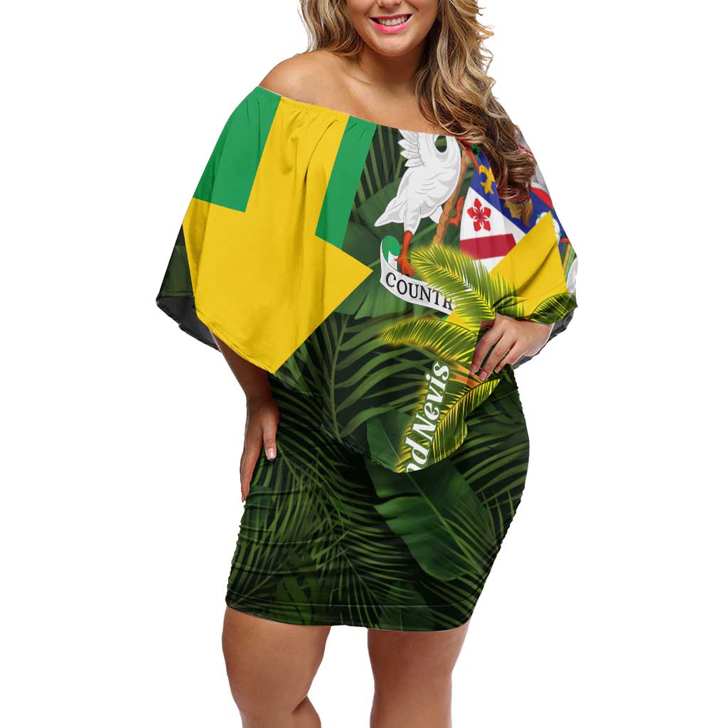 Saint Kitts and Nevis Apparel Off Shoulder Short Dress with Coat of Arms, Palm Trees, and Hammock Graphic in Tropical Green and Flag-Inspired Design - Wonder Print Shop