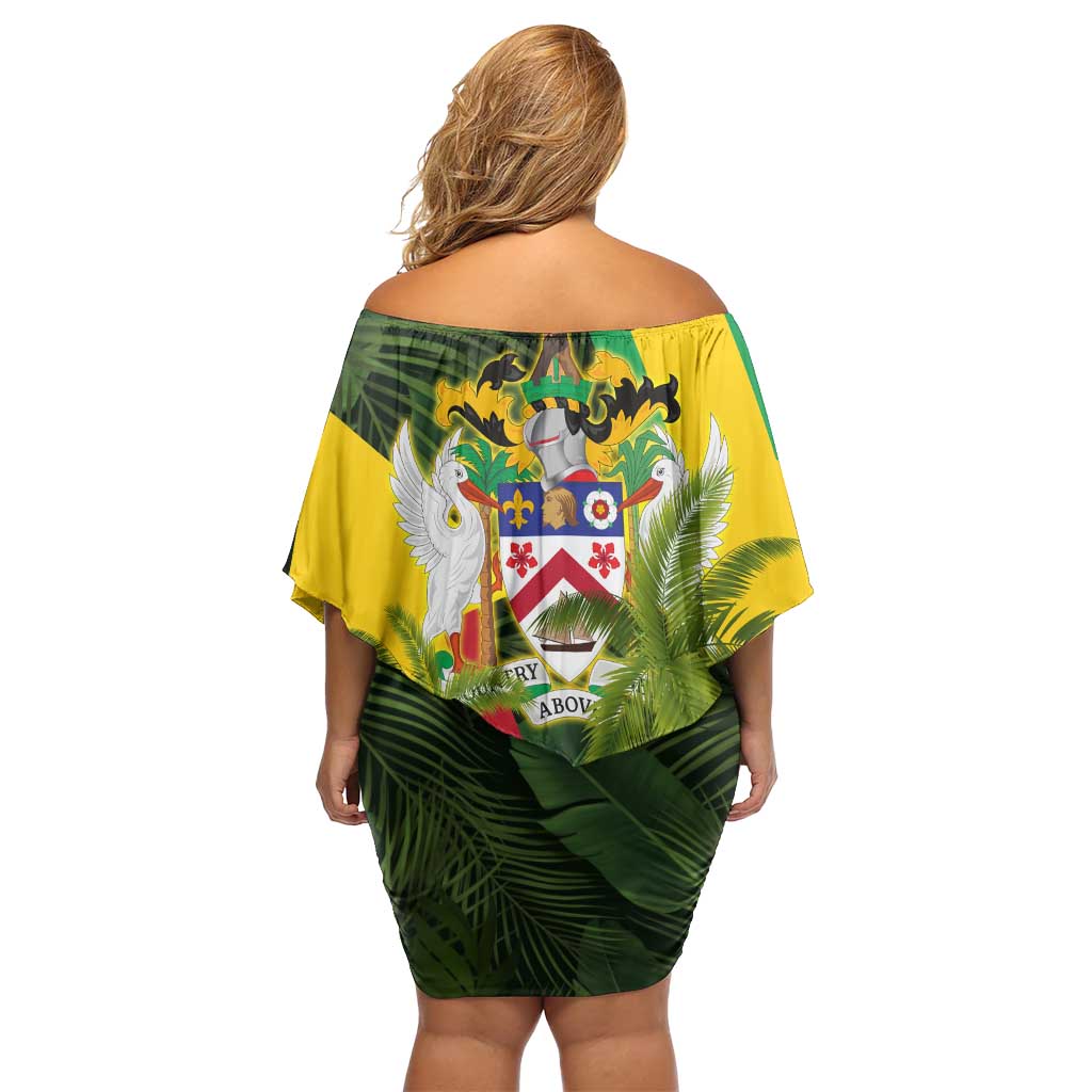 Saint Kitts and Nevis Apparel Off Shoulder Short Dress with Coat of Arms, Palm Trees, and Hammock Graphic in Tropical Green and Flag-Inspired Design - Wonder Print Shop