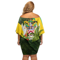 Saint Kitts and Nevis Apparel Off Shoulder Short Dress with Coat of Arms, Palm Trees, and Hammock Graphic in Tropical Green and Flag-Inspired Design - Wonder Print Shop
