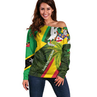 Saint Kitts and Nevis Apparel Off Shoulder Sweater with Coat of Arms, Palm Trees, and Hammock Graphic in Tropical Green and Flag-Inspired Design - Wonder Print Shop