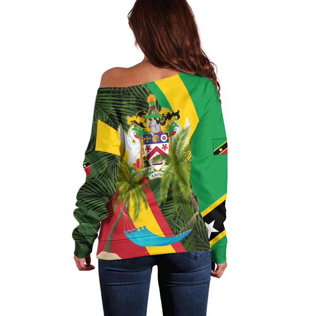 Saint Kitts and Nevis Apparel Off Shoulder Sweater with Coat of Arms, Palm Trees, and Hammock Graphic in Tropical Green and Flag-Inspired Design - Wonder Print Shop