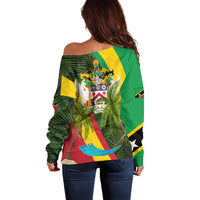 Saint Kitts and Nevis Apparel Off Shoulder Sweater with Coat of Arms, Palm Trees, and Hammock Graphic in Tropical Green and Flag-Inspired Design - Wonder Print Shop
