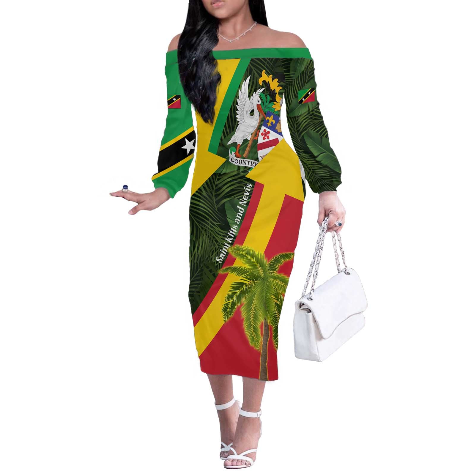 Saint Kitts and Nevis Apparel Off The Shoulder Long Sleeve Dress with Coat of Arms, Palm Trees, and Hammock Graphic in Tropical Green and Flag-Inspired Design - Wonder Print Shop
