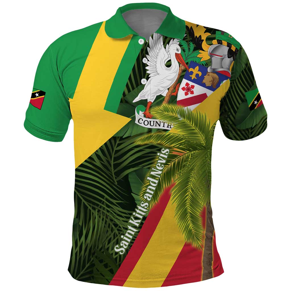 Saint Kitts and Nevis Apparel Polo Shirt with Coat of Arms, Palm Trees, and Hammock Graphic in Tropical Green and Flag-Inspired Design - Wonder Print Shop