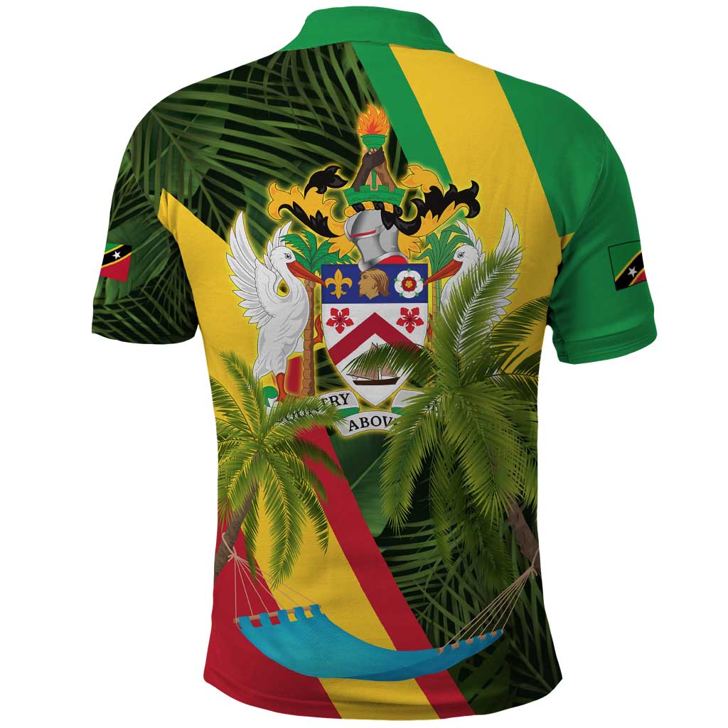 Saint Kitts and Nevis Apparel Polo Shirt with Coat of Arms, Palm Trees, and Hammock Graphic in Tropical Green and Flag-Inspired Design - Wonder Print Shop