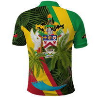 Saint Kitts and Nevis Apparel Polo Shirt with Coat of Arms, Palm Trees, and Hammock Graphic in Tropical Green and Flag-Inspired Design - Wonder Print Shop