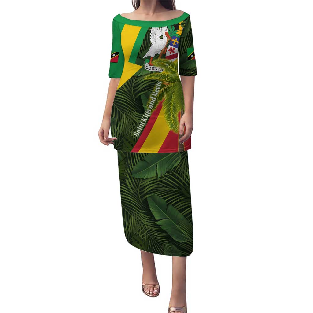 Saint Kitts and Nevis Apparel Puletasi with Coat of Arms, Palm Trees, and Hammock Graphic in Tropical Green and Flag-Inspired Design - Wonder Print Shop