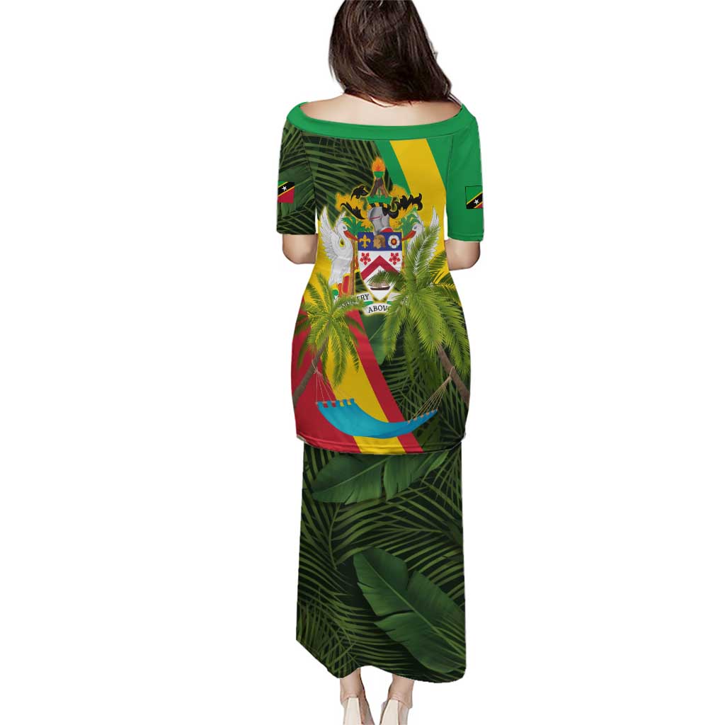 Saint Kitts and Nevis Apparel Puletasi with Coat of Arms, Palm Trees, and Hammock Graphic in Tropical Green and Flag-Inspired Design - Wonder Print Shop