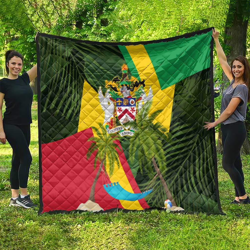 Saint Kitts and Nevis Apparel Quilt with Coat of Arms, Palm Trees, and Hammock Graphic in Tropical Green and Flag-Inspired Design - Wonder Print Shop