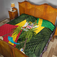 Saint Kitts and Nevis Apparel Quilt with Coat of Arms, Palm Trees, and Hammock Graphic in Tropical Green and Flag-Inspired Design - Wonder Print Shop