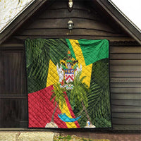 Saint Kitts and Nevis Apparel Quilt with Coat of Arms, Palm Trees, and Hammock Graphic in Tropical Green and Flag-Inspired Design - Wonder Print Shop