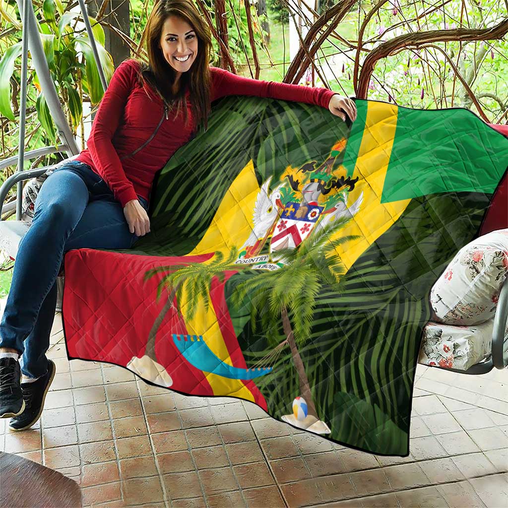 Saint Kitts and Nevis Apparel Quilt with Coat of Arms, Palm Trees, and Hammock Graphic in Tropical Green and Flag-Inspired Design - Wonder Print Shop