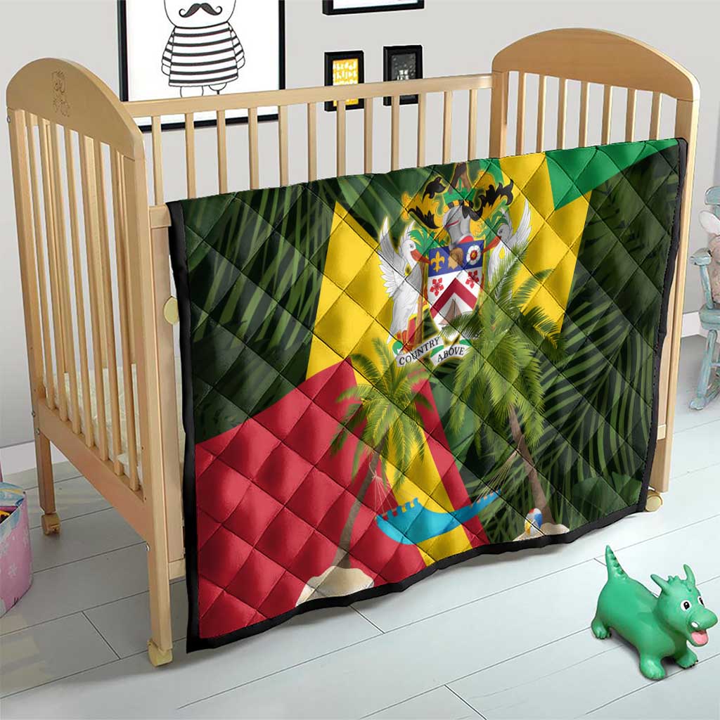 Saint Kitts and Nevis Apparel Quilt with Coat of Arms, Palm Trees, and Hammock Graphic in Tropical Green and Flag-Inspired Design - Wonder Print Shop