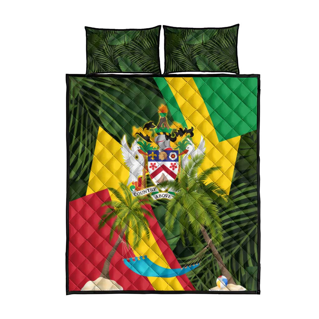 Saint Kitts and Nevis Apparel Quilt Bed Set with Coat of Arms, Palm Trees, and Hammock Graphic in Tropical Green and Flag-Inspired Design - Wonder Print Shop