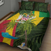 Saint Kitts and Nevis Apparel Quilt Bed Set with Coat of Arms, Palm Trees, and Hammock Graphic in Tropical Green and Flag-Inspired Design - Wonder Print Shop