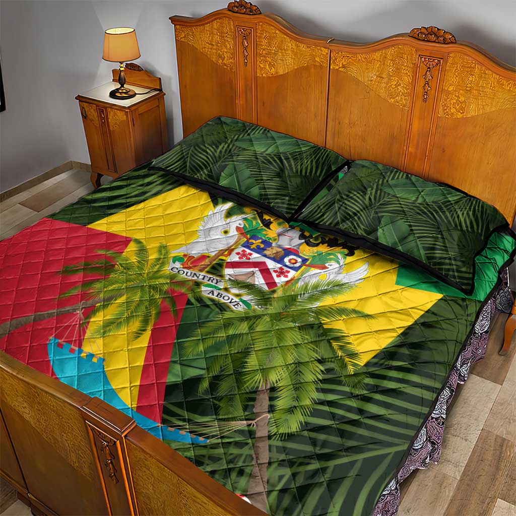 Saint Kitts and Nevis Apparel Quilt Bed Set with Coat of Arms, Palm Trees, and Hammock Graphic in Tropical Green and Flag-Inspired Design - Wonder Print Shop