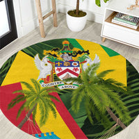 Saint Kitts and Nevis Apparel Round Carpet with Coat of Arms, Palm Trees, and Hammock Graphic in Tropical Green and Flag-Inspired Design - Wonder Print Shop