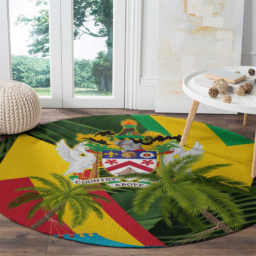 Saint Kitts and Nevis Apparel Round Carpet with Coat of Arms, Palm Trees, and Hammock Graphic in Tropical Green and Flag-Inspired Design - Wonder Print Shop